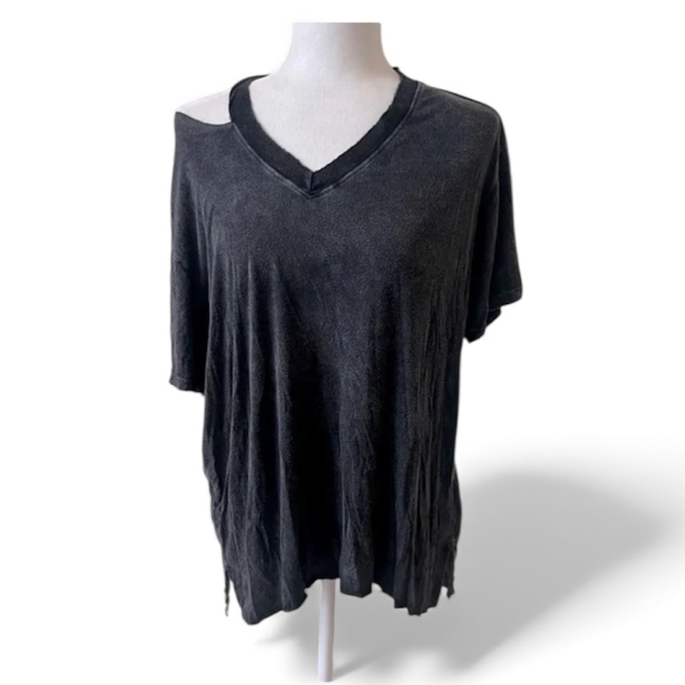 Joah Brown Black Plunge V-Neck Tee Shirt S/M Modal Spandex Distressed Grunge EUC